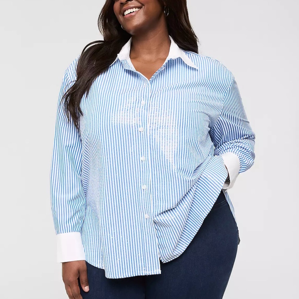 Lane Bryant Blue and White Striped Button Down Shirt with sequins